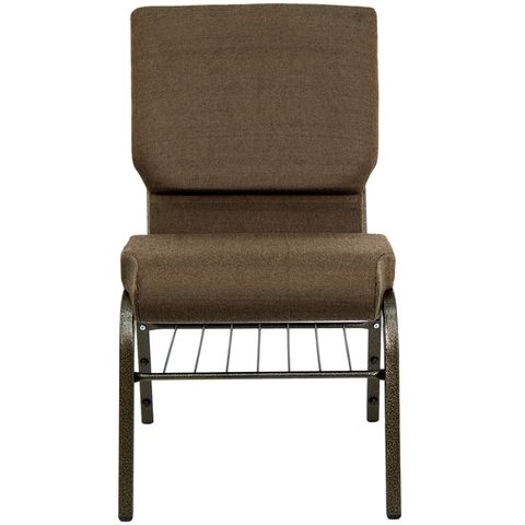 HERCULES&trade; 18.5''W Brown Fabric Church Chair with 4.25'' Thick Seat, Book Basket - Gold Vein Frame Finish by Flash Furniture