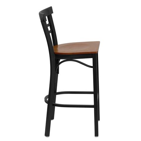 HERCULES&trade; Black Ladder Back Metal Restaurant Bar Stool - Cherry Wood Seat by Flash Furniture