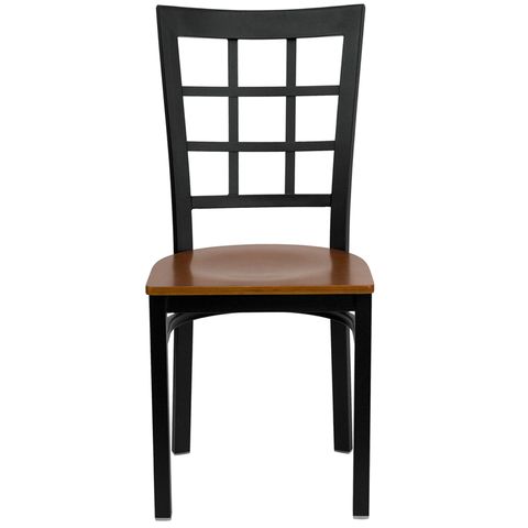 HERCULES&trade; Black Window Back Metal Restaurant Chair - Cherry Wood Seat by Flash Furniture