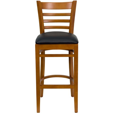 HERCULES&trade; Cherry Finished Ladder Back Wooden Restaurant Bar Stool - Black Vinyl Seat by Flash Furniture