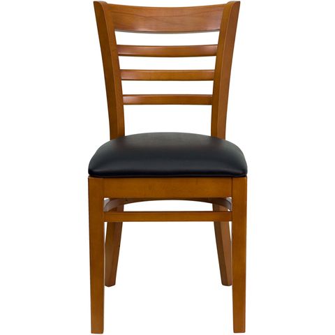 HERCULES&trade; Cherry Finished Ladder Back Wooden Restaurant Chair - Black Vinyl Seat by Flash Furniture