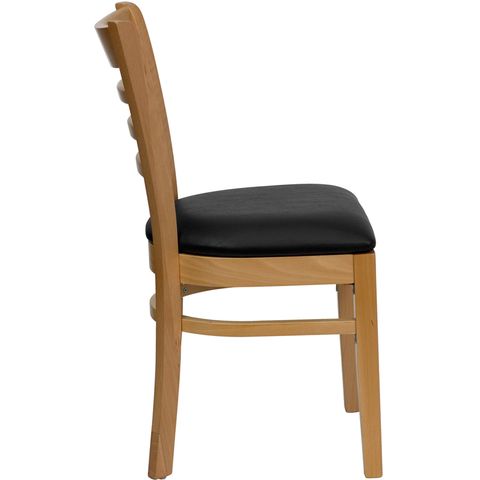HERCULES&trade; Natural Wood Finished Ladder Back Wooden Restaurant Chair - Black Vinyl Seat by Flash Furniture