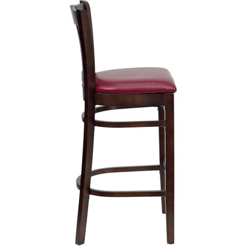 HERCULES&trade; Walnut Finished Vertical Slat Back Wooden Restaurant Bar Stool - Burgundy Vinyl Seat by Flash Furniture