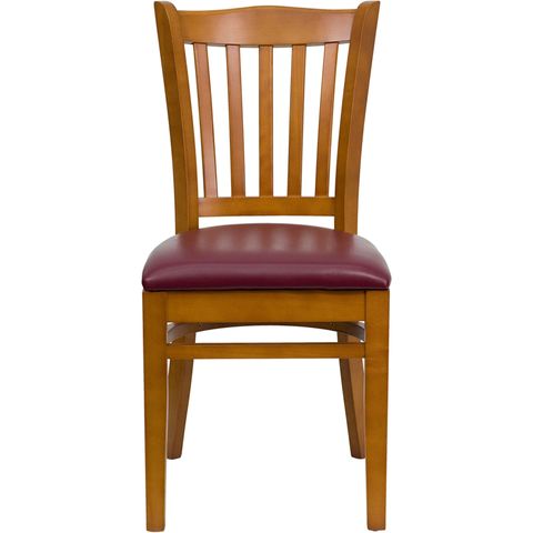 HERCULES&trade; Cherry Finished Vertical Slat Back Wooden Restaurant Chair - Burgundy Vinyl Seat by Flash Furniture