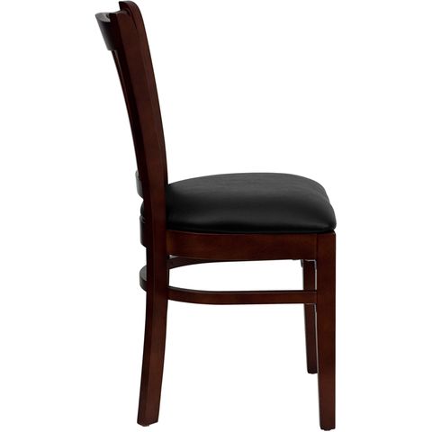 HERCULES&trade; Mahogany Finished Vertical Slat Back Wooden Restaurant Chair - Black Vinyl Seat by Flash Furniture