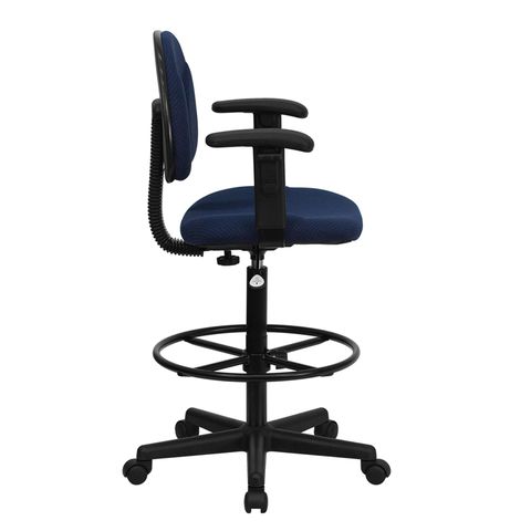 Navy Fabric Multi-Functional Ergonomic Drafting Stool with Arms (Adjustable Range 26''-30.5''H or 22.5''-27''H) by Flash Furniture